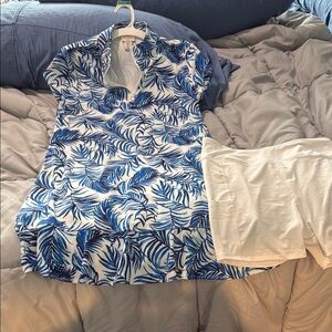 Tommy Bahama Blue and White Leaf Print Top